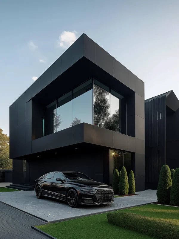 NovArch Exteriors Black Glass Modern House Black Facade Cubic Form